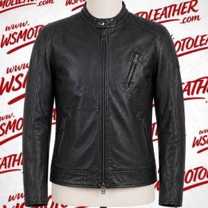Belstaff Cafe Racer Leather Jacket – Classic Black Slim Fit Biker Jacket