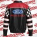 Ford Racing Leather Jacket – Black Biker Jacket with Checkered Sleeves