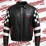 Ford Racing Leather Jacket – Black Biker Jacket with Checkered Sleeves