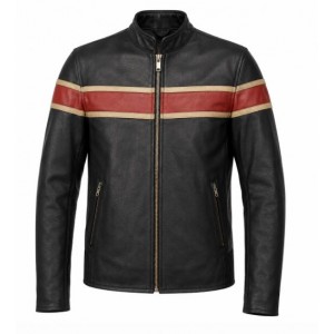 VTG Wilsons Leather Mens Cafe Style Striped Racer Orange Black Biker Jacket Sz L