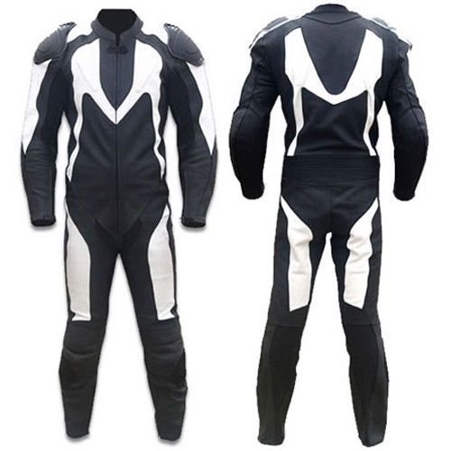 BLACK/WHITE MOTORBIKE SUIT COWHIDE LEATHER RACING MOTORCYCLE SUIT ALL SIZES
