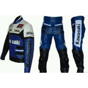 KAWASAKI BLUE MOTORBIKE/MOTORCYCLE LEATHER SUIT- CE APPROVED FULL PROTECTION