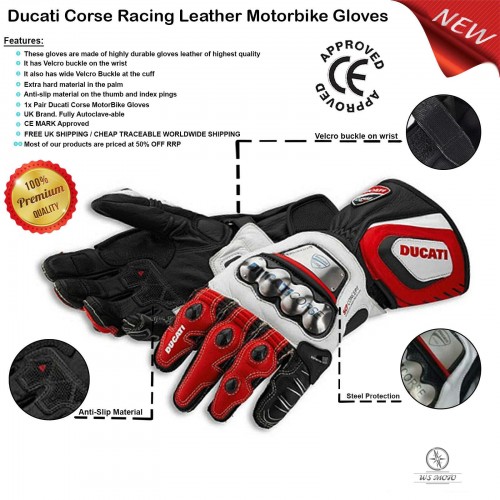 Ducati Corse MotoGp Genuine Leather Motorbike Gloves All Sizes Available 