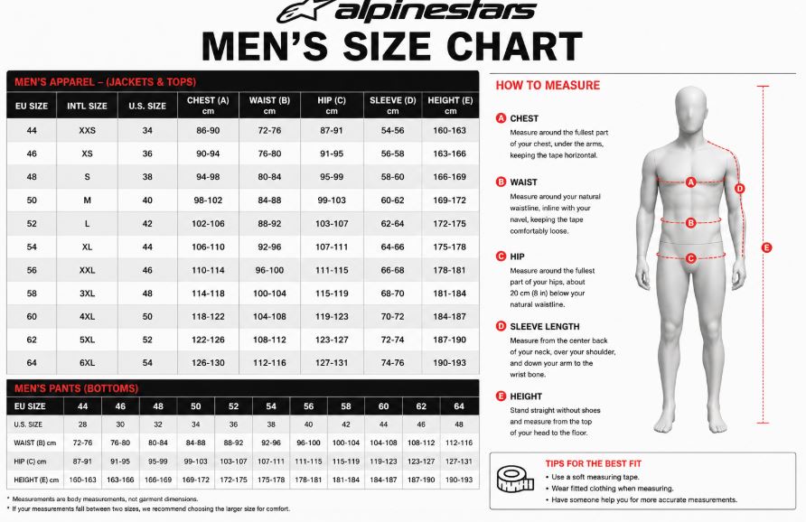 alpinestars jacket size chart
