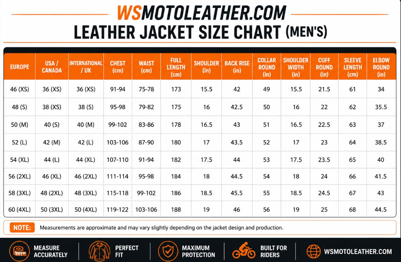 racing jacket size chart